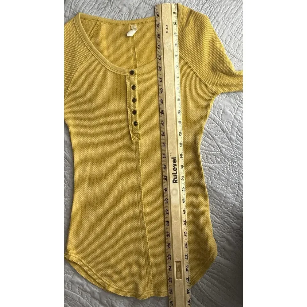 Free People S Mustard Yellow Waffle Thermal Henley Fair Isle Cuff Top